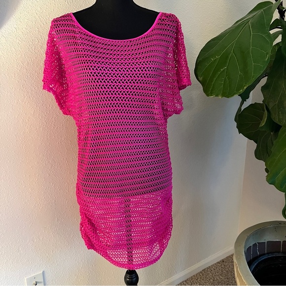 Kenneth Cole New York Women’s Fuchsia Fishnet Scrunched Size Beach Coverup M - Picture 1 of 9